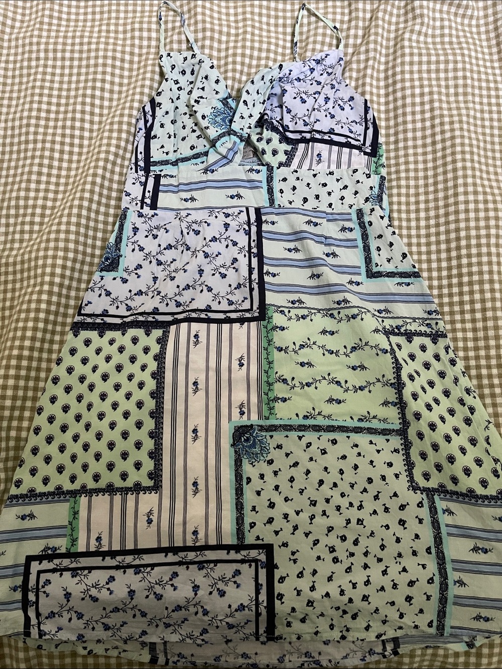 LOFT Patchwork Floral Print Sun Dress in Light Blue, Mint, Navy